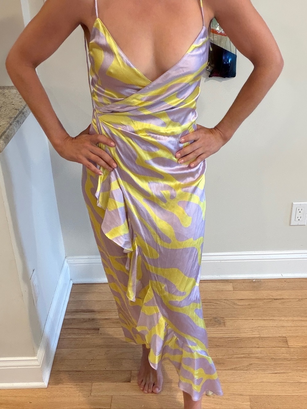 Lavender & Yellow Silk Wrap Maxi Dress